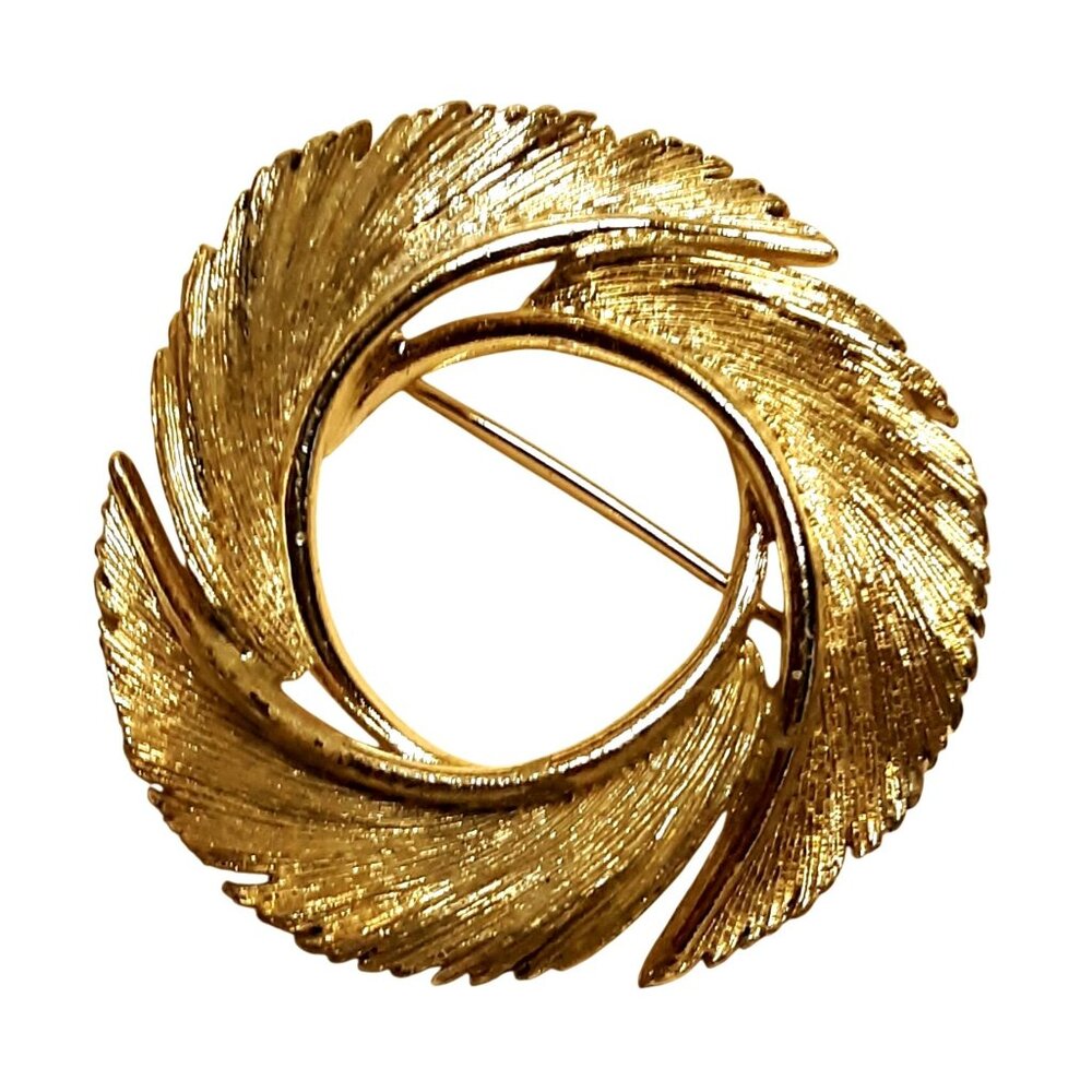Vintage Silver-Tone Swirl Leaf Brooch Pin Textured Finish 1.75" USA-Made Elegant